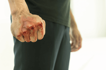 Person with a bloody fist after aggravated battery